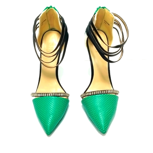 Beau + Ashe Cage Pointed Toe Stiletto Heels Size 6 Teal Green White & Black Desi - Picture 2 of 7